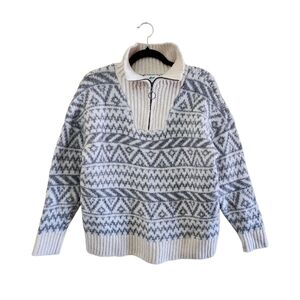 Aerie Gray Cream Fair Isle Quarter Zip Wool Sweater Size XS Mock Neck